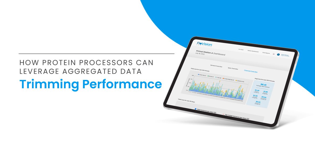 FloVision Analytics on an iPad over a blob shape with the title "How Protein Processors Can Leverage Aggregated Data: Trimming Performance"