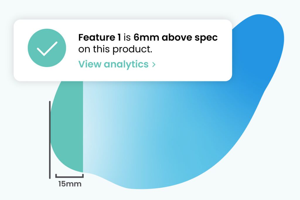 Multicolored bob with the edge highlighted in teal and measured just over 15mm. An alert says, "Feature 1 is 6mm above spec on this product, view analytics"