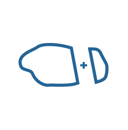 Icon of a blob shape cut into a large and small piece with a "+" in between
