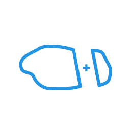 Icon of a blob shape cut into a large and small piece with a "+" in between